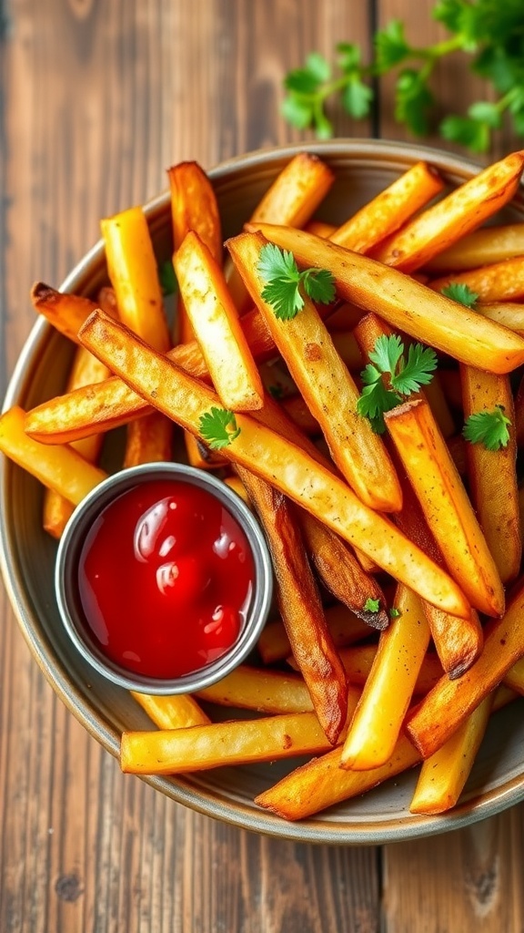 Crispy air fryer steak fries garnished with parsley, served with ketchup on a rustic table.